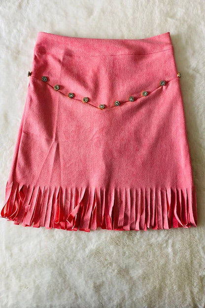 Girl's Pink Faux Suede Fringe Skirt