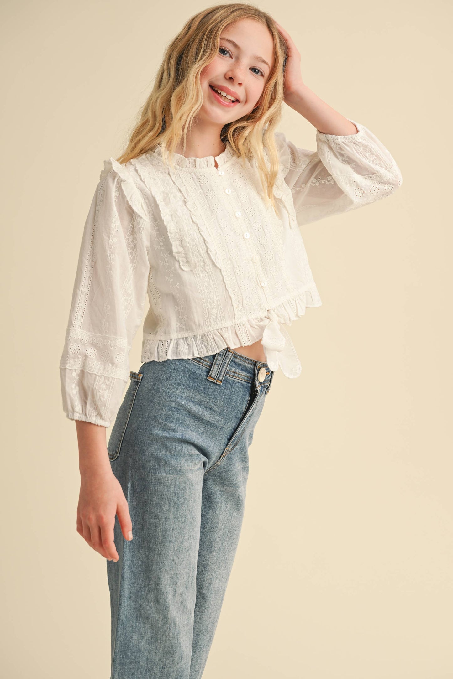Tween Girls Cropped Button Down Blouse