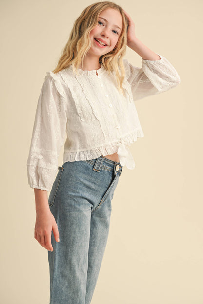 Tween Girls Cropped Button Down Blouse