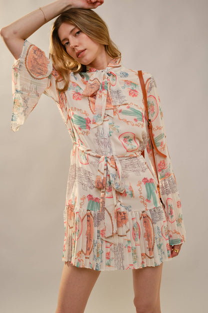 Cactus Vintage Print Pleated Mini Dress