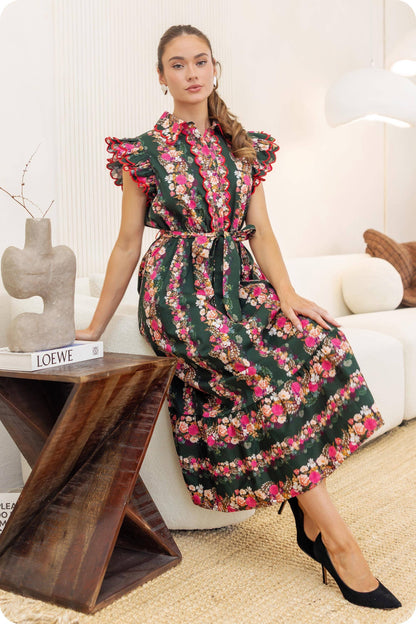 Ruffle Scallop Embroidery Floral Midi Dress