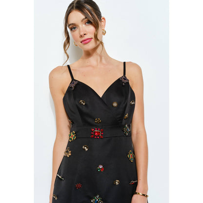 Sleeveless Embellished Jewel Satin Mini Dress