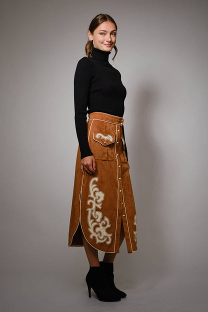 Suede Embroidered Patch Midi Skirt