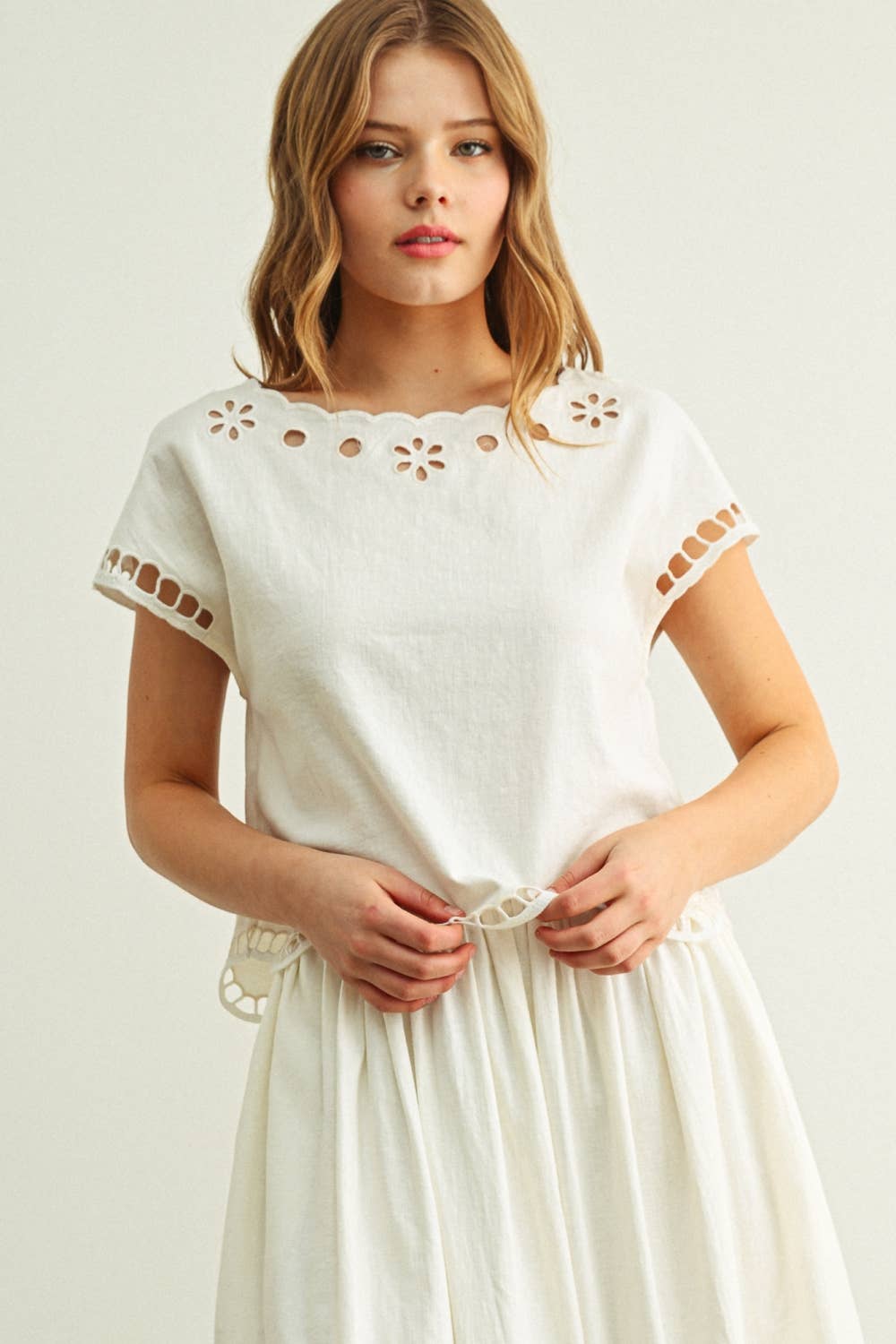 Floral Embroidered Boat Neck Top & Skirt Set