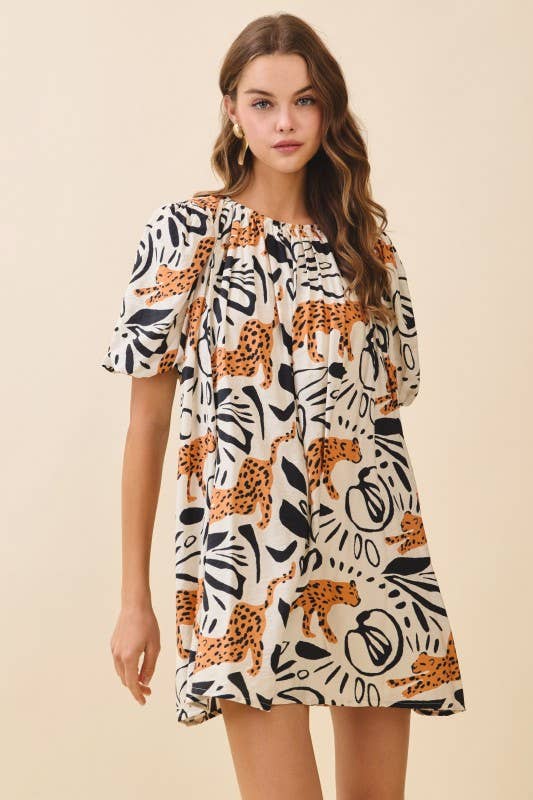 Leopard Print Gathered Round Neck Mini Dress