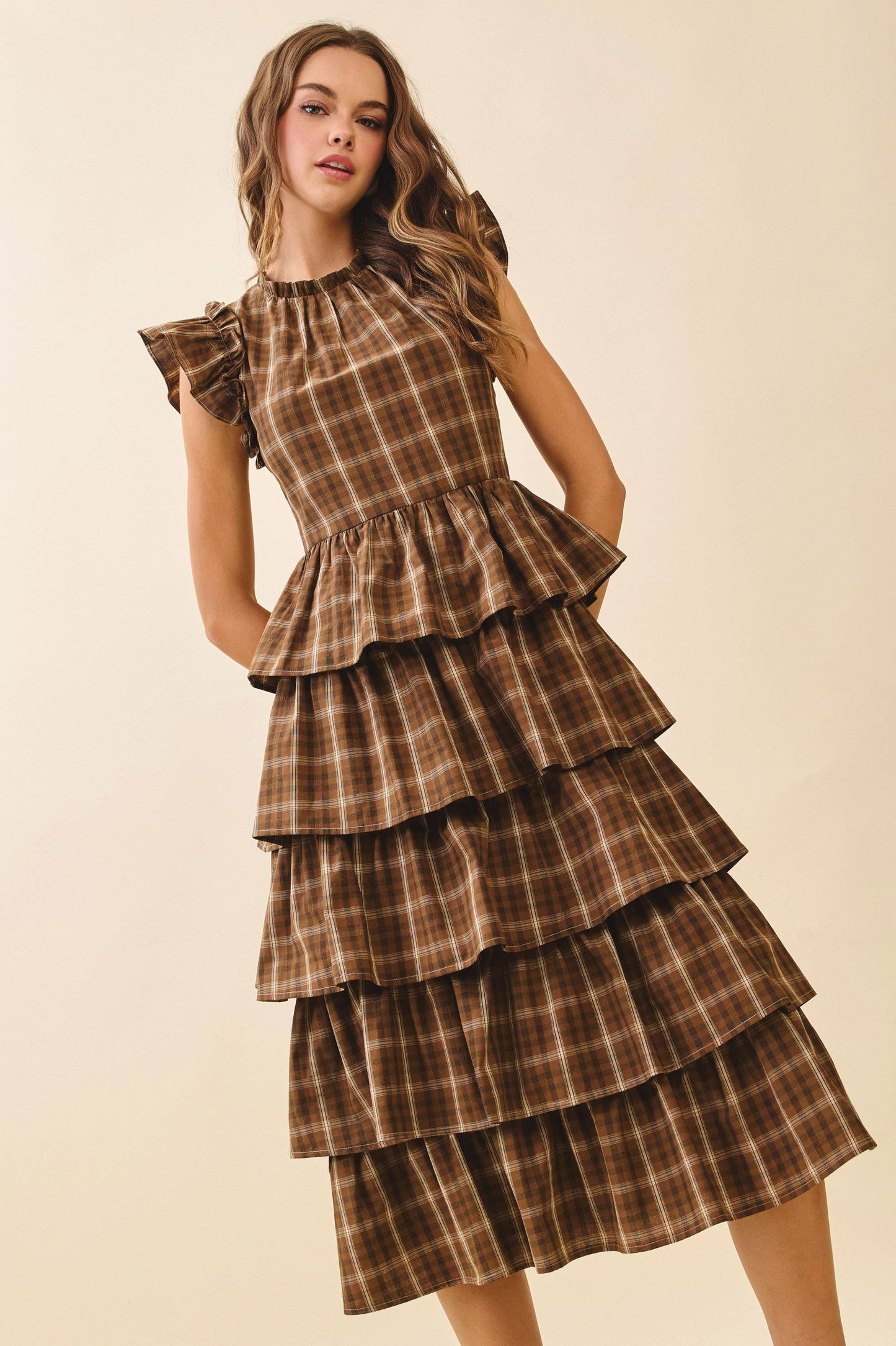 Plaid Round Neck Ruffled Cap Sleeves Midi Dress