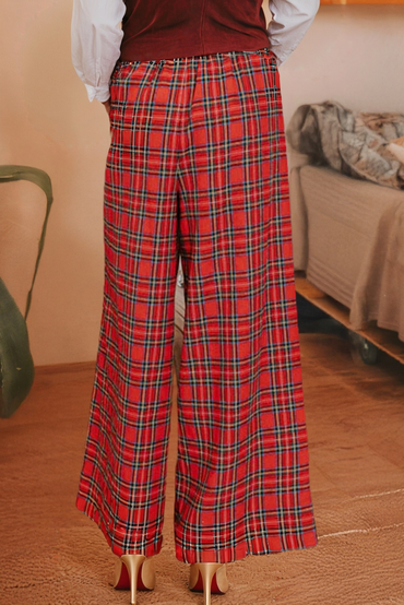 Festive Plaid Wide Leg Pull On Pants