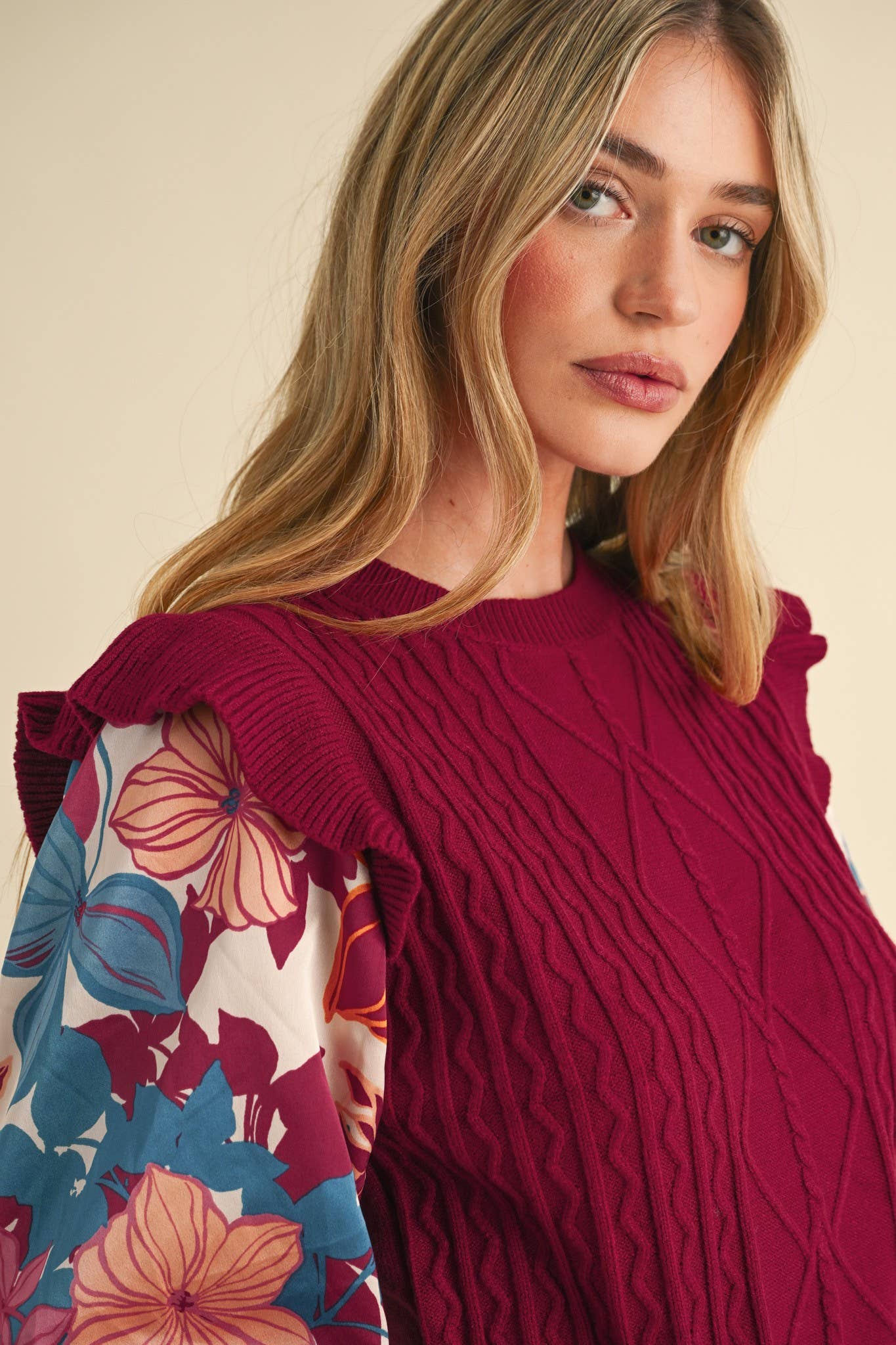 Floral Plum Mixed Media Sweater