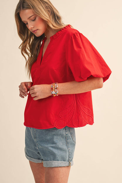 Bubble Sleeve Top With Side Embroidery