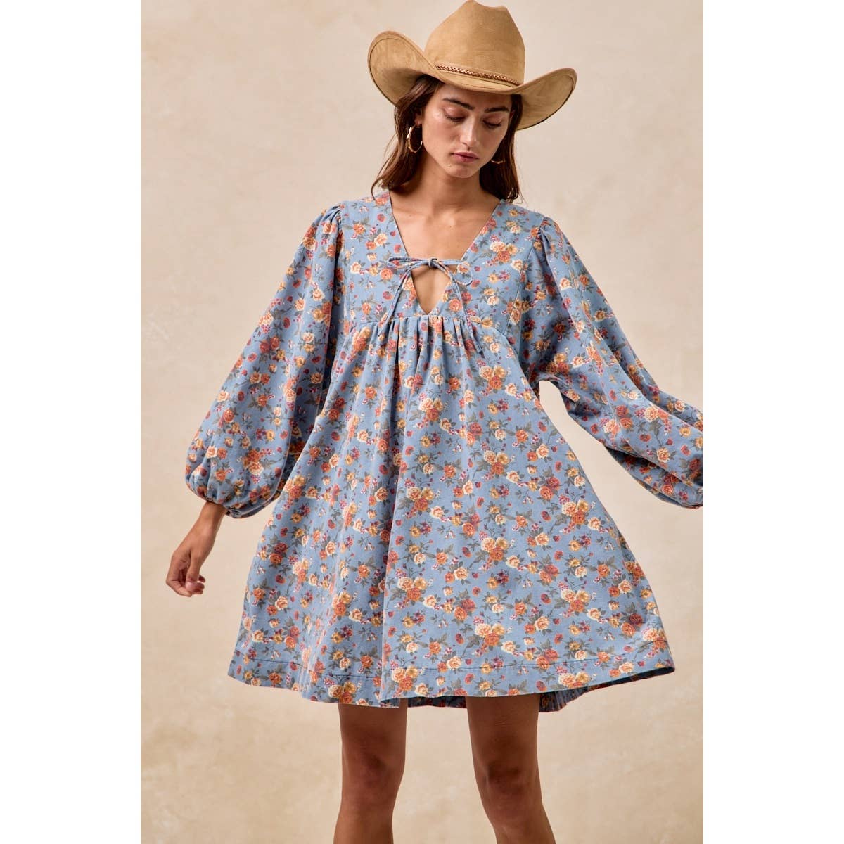 Washed Floral Denim Front Tied Dress