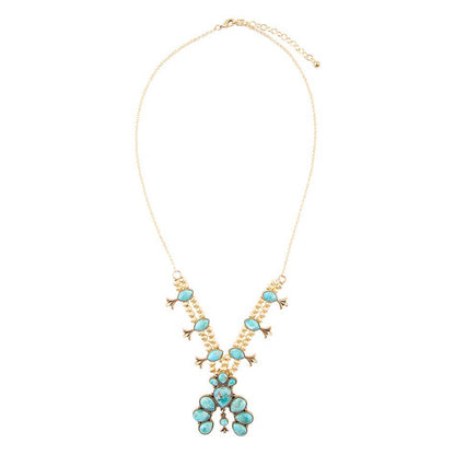 Barse Floral Statement Blue Turquoise Golden Necklace