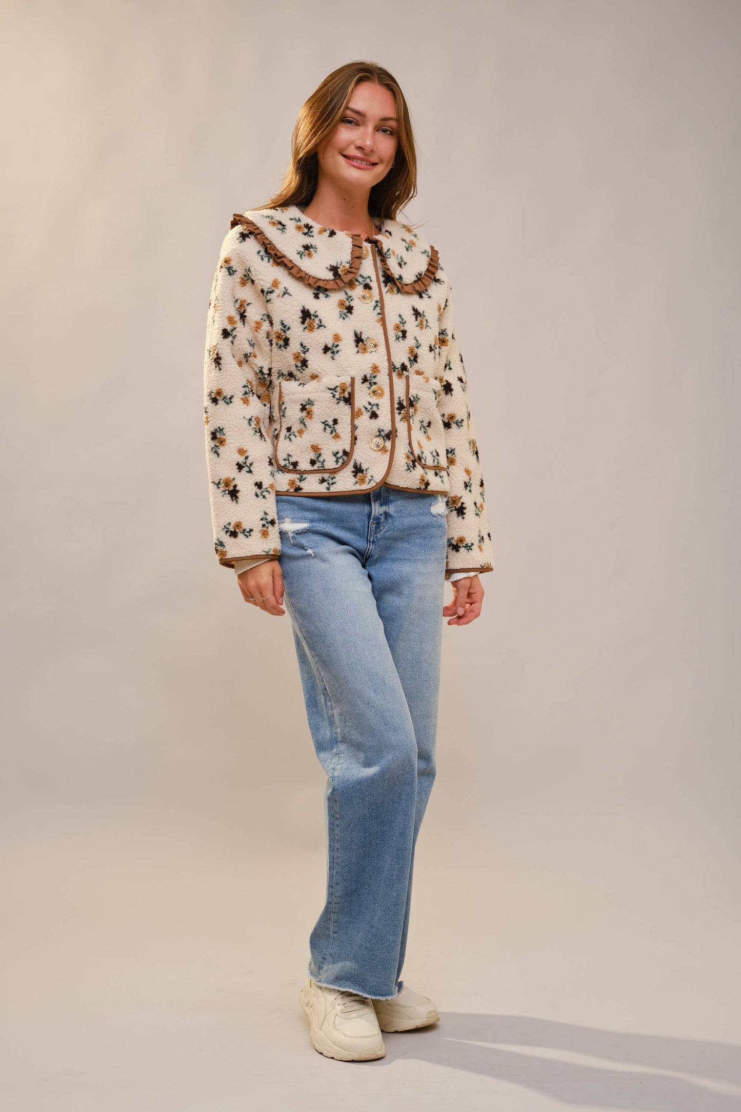 Floral Ruffle Collar Sherpa Jacket