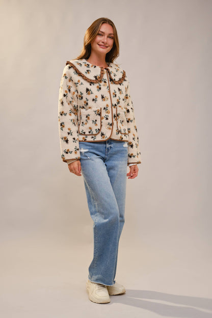Floral Ruffle Collar Sherpa Jacket