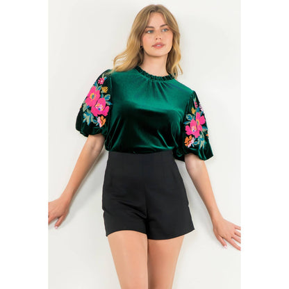 Velvet Embroidered Detail Puff Sleeve Top