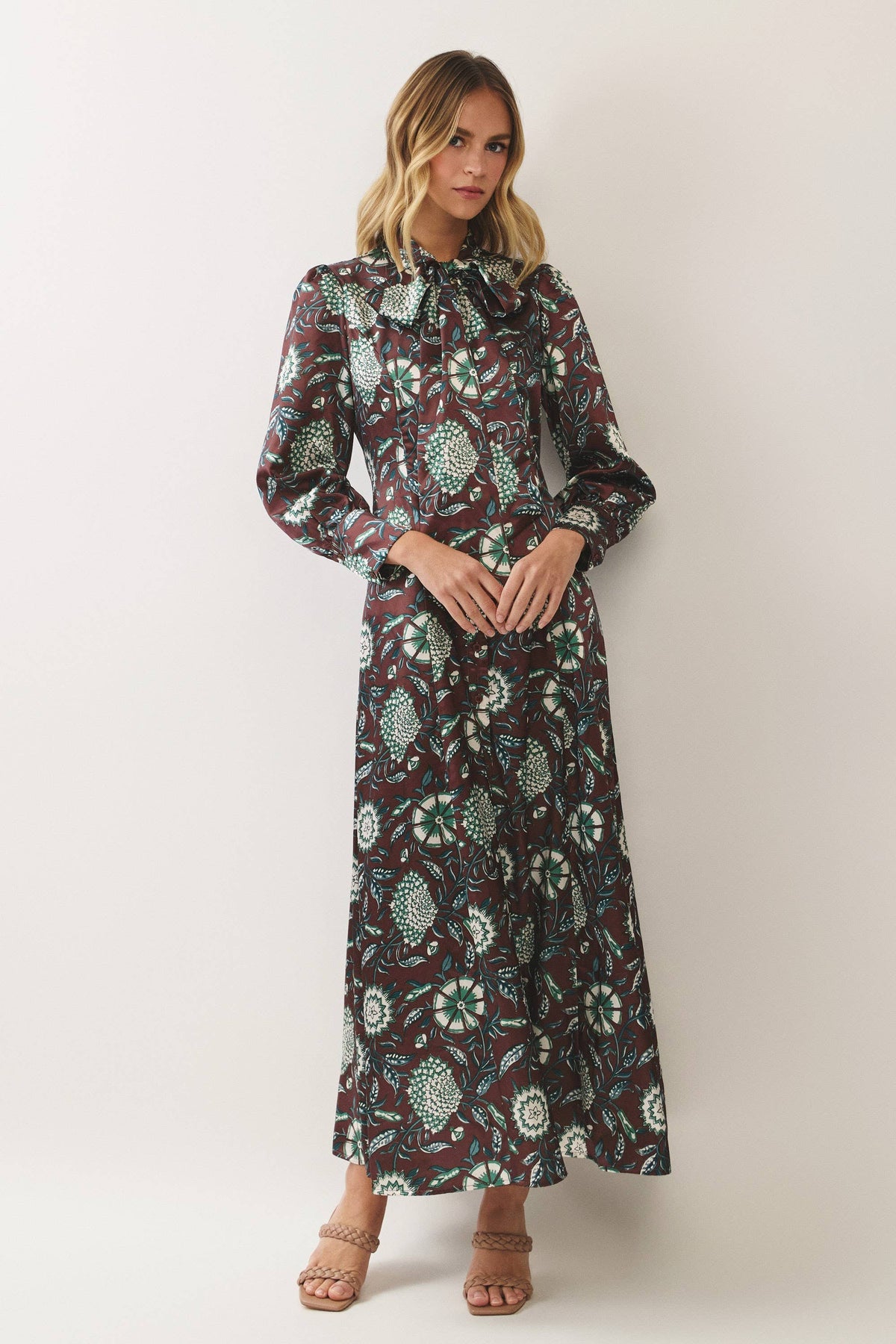 TCEC Floral Print Tie-Neck Maxi Dress