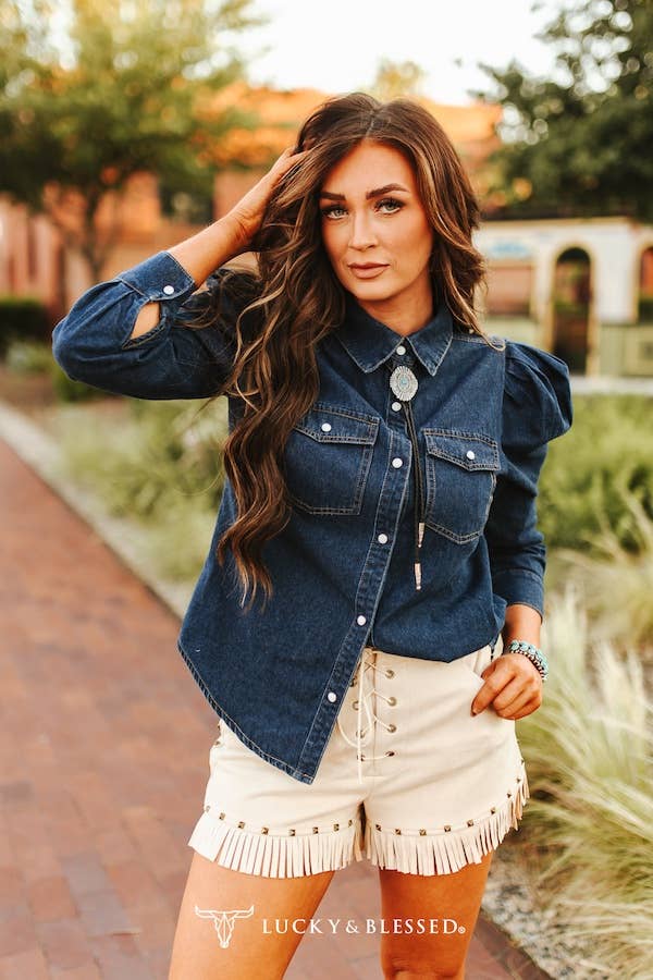 Dark Wash Denim Puff Sleeve Shirt