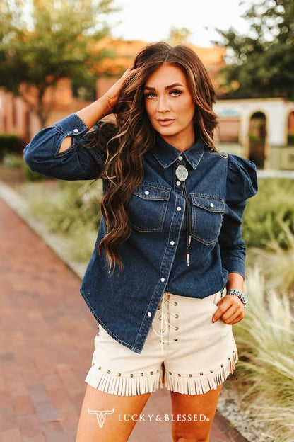 Dark Wash Denim Puff Sleeve Shirt