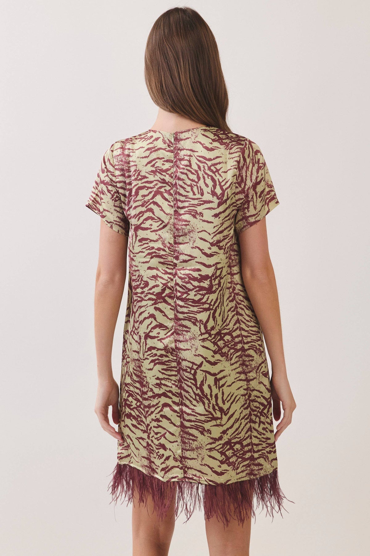 TCEC Feather Trim Printed Shift Dress