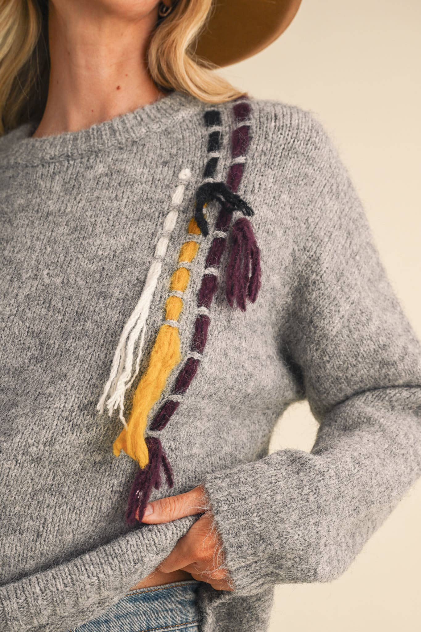 &MERCI Hand Stitched Fringe Accent Sweater