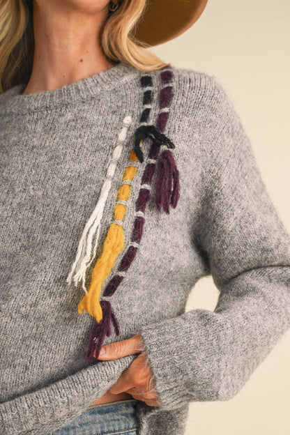 &MERCI Hand Stitched Fringe Accent Sweater