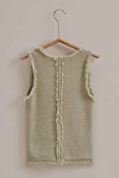 Frayed Trim Textured Knit Sleeveless Top