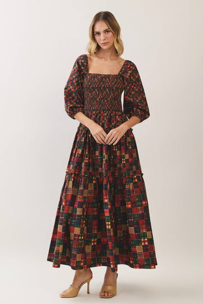 TCEC Plaid Smocked Tiered Maxi Dress