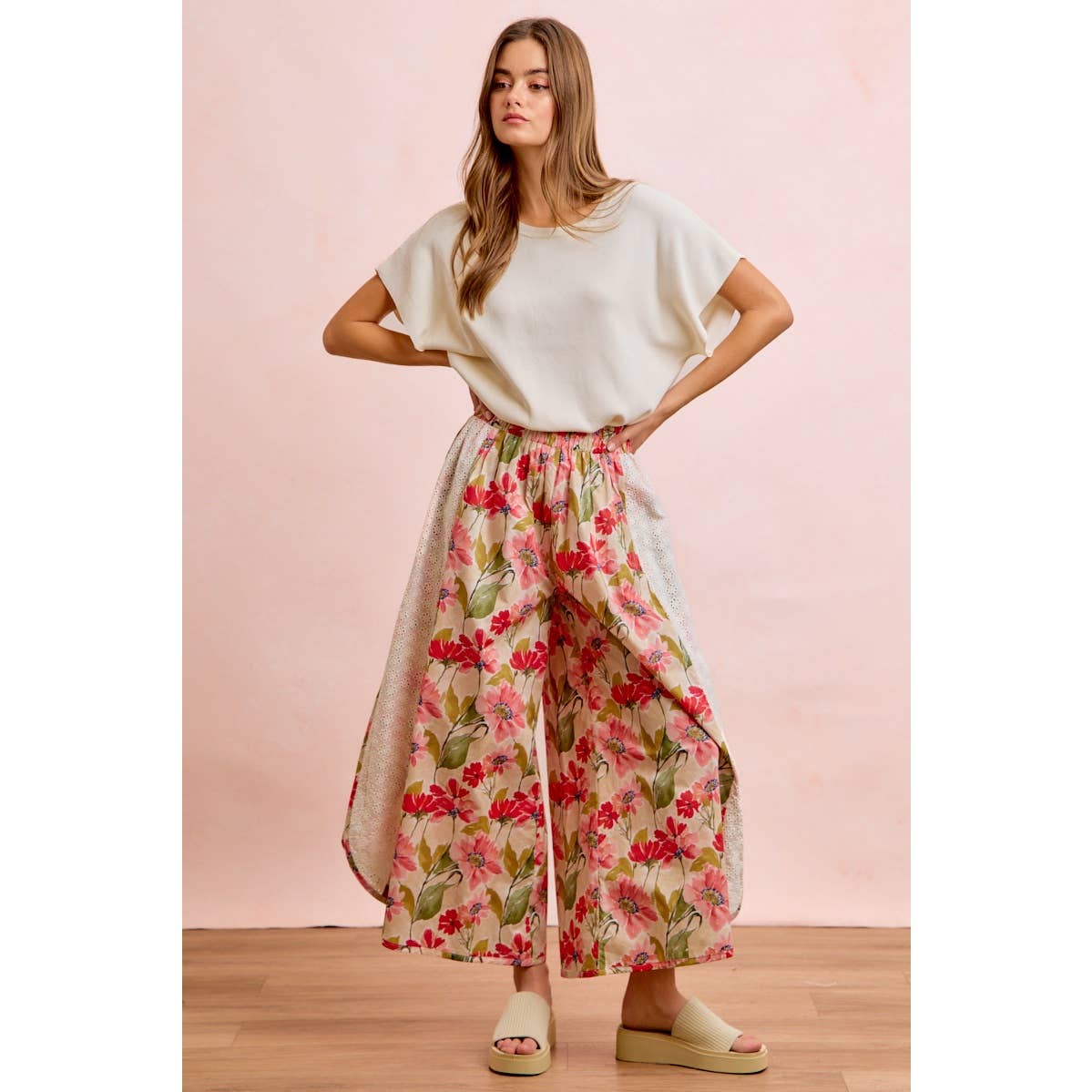 Floral Eyelet Side Elastic Waist Wide Leg Pants