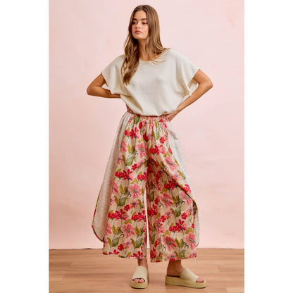 Floral Eyelet Side Elastic Waist Wide Leg Pants