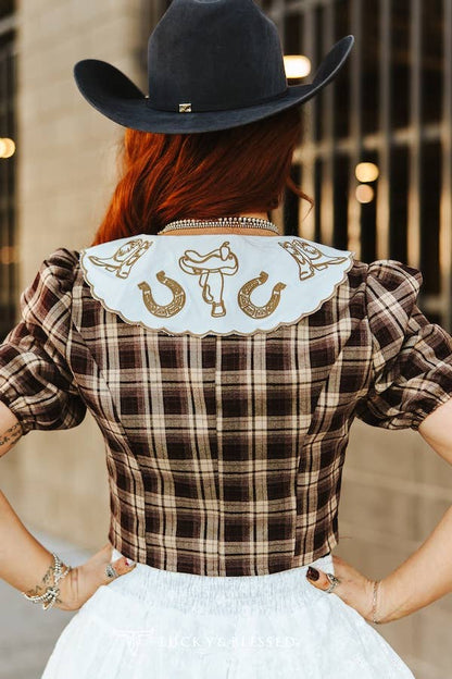 Brown Plaid Puff Sleeve Collar Blouse