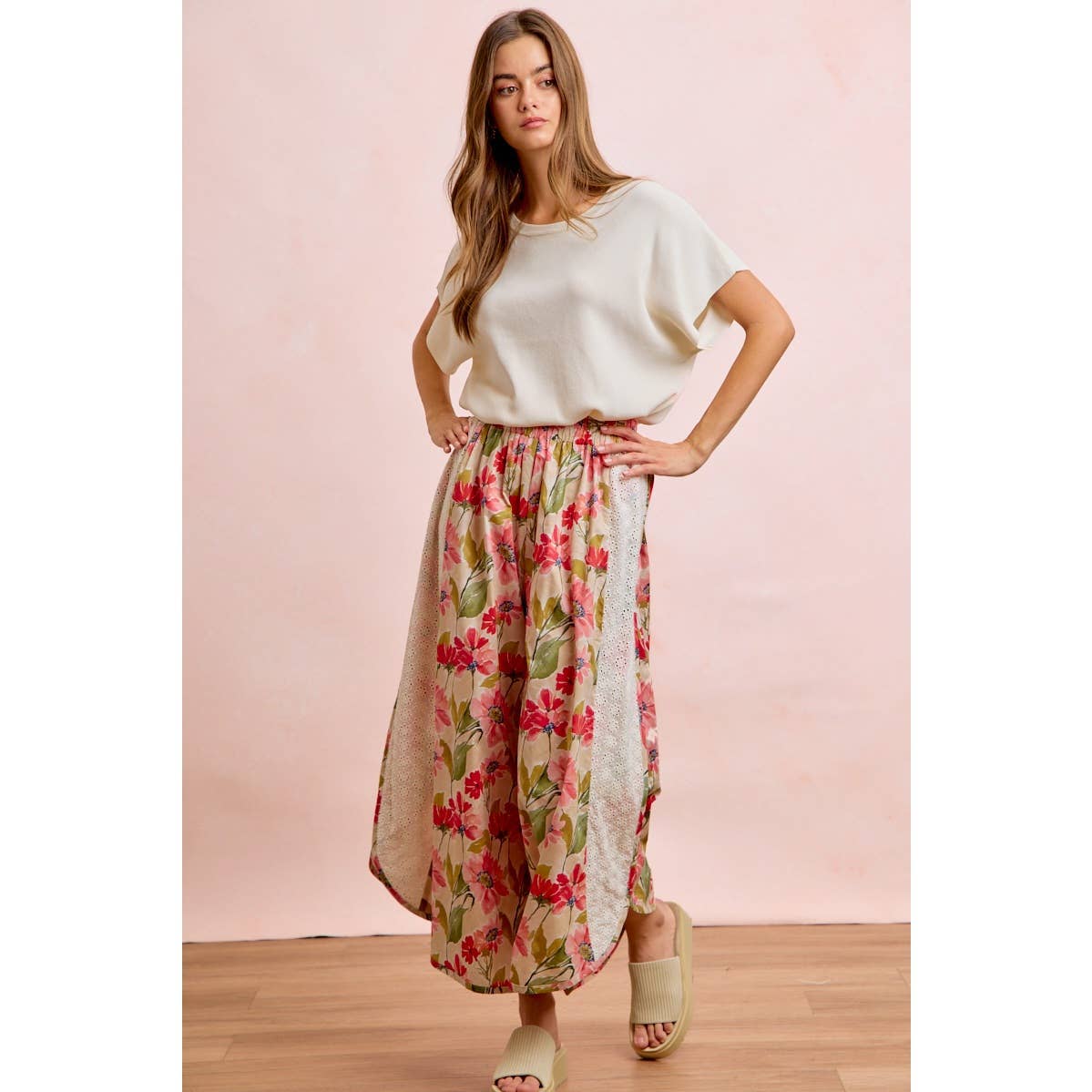 Floral Eyelet Side Elastic Waist Wide Leg Pants