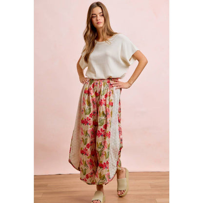 Floral Eyelet Side Elastic Waist Wide Leg Pants
