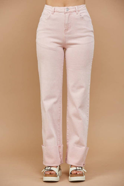 Straight Pink Leg Cuffed Jeans