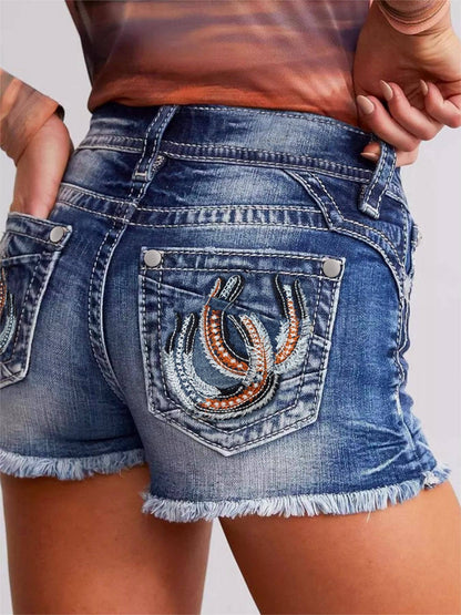 Horseshoe Embroidered Denim Shorts