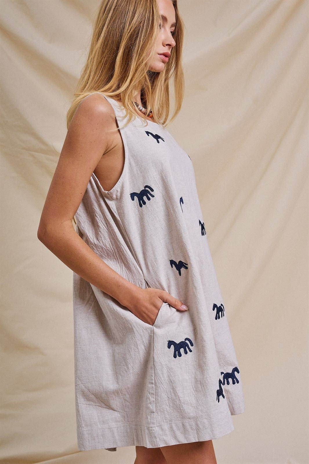 Embroidered Pony Cotton Linen Sleeveless Romper
