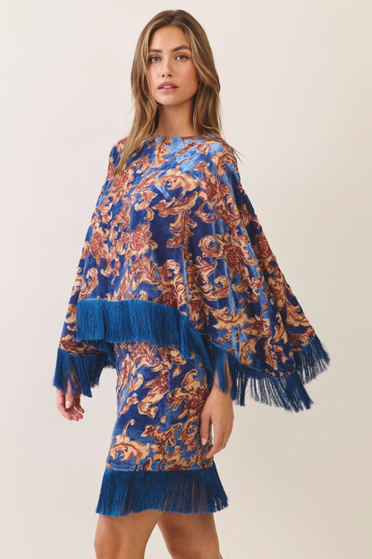TCEC Ornate Floral Print Fringe Trim Poncho