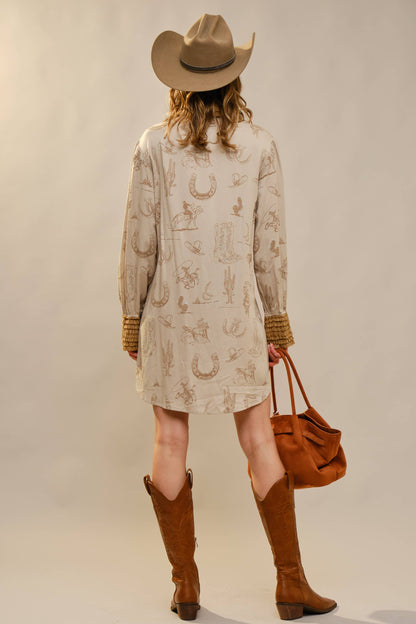 Western Graphic Ruffle Tie Waist Mini Dress