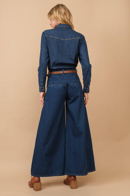 Chambray Cut Out Studded Collard Shirt Blouse