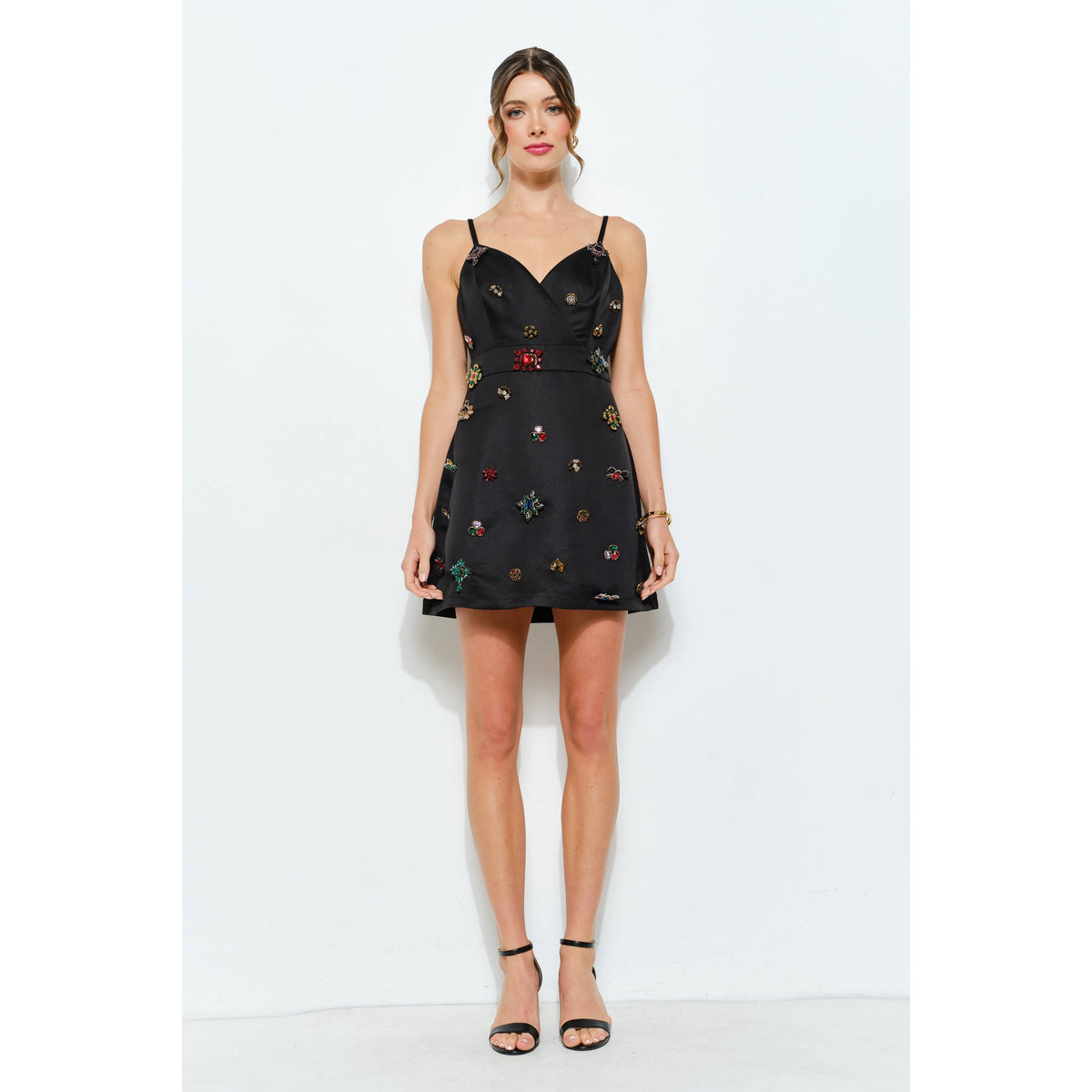 Sleeveless Embellished Jewel Satin Mini Dress