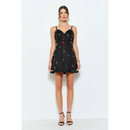 Sleeveless Embellished Jewel Satin Mini Dress
