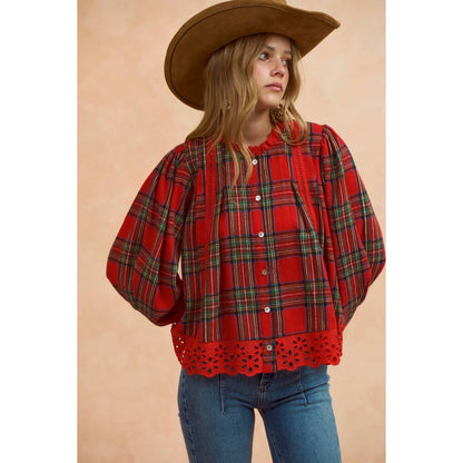 Christmas Plaid Button Down Blouse