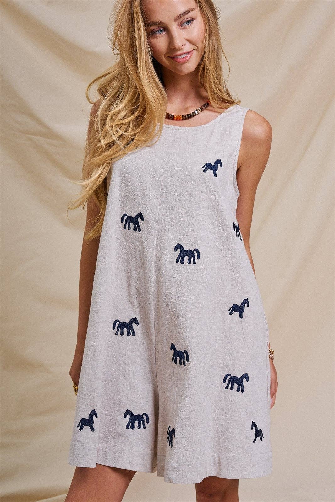 Embroidered Pony Cotton Linen Sleeveless Romper