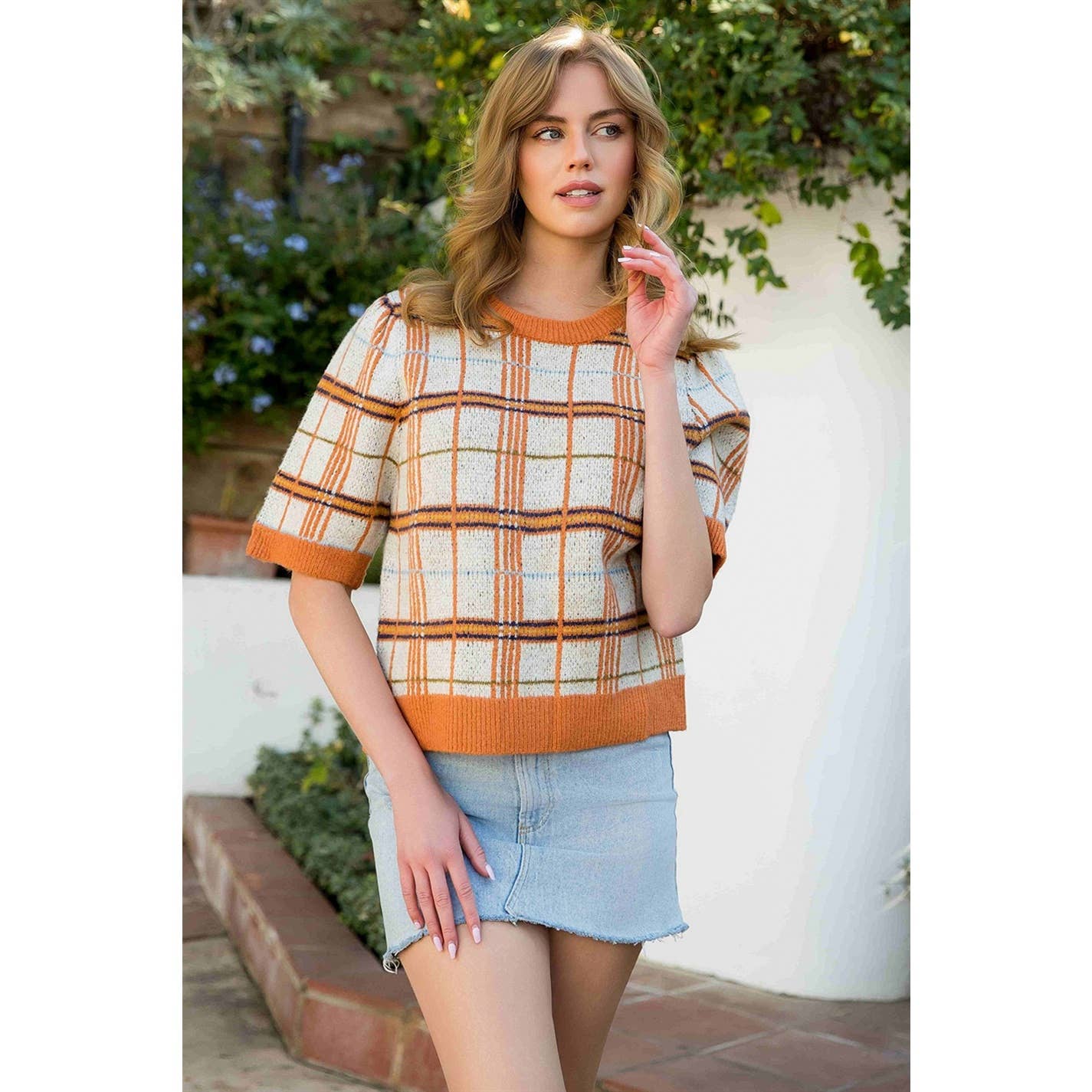 Plaid Half Sleeve Knit Top