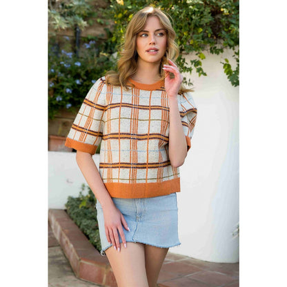 Plaid Half Sleeve Knit Top