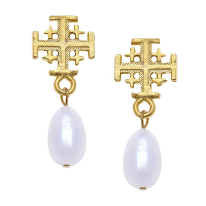 Susan Shaw Gold Multi Cross and Pearl Earrings
