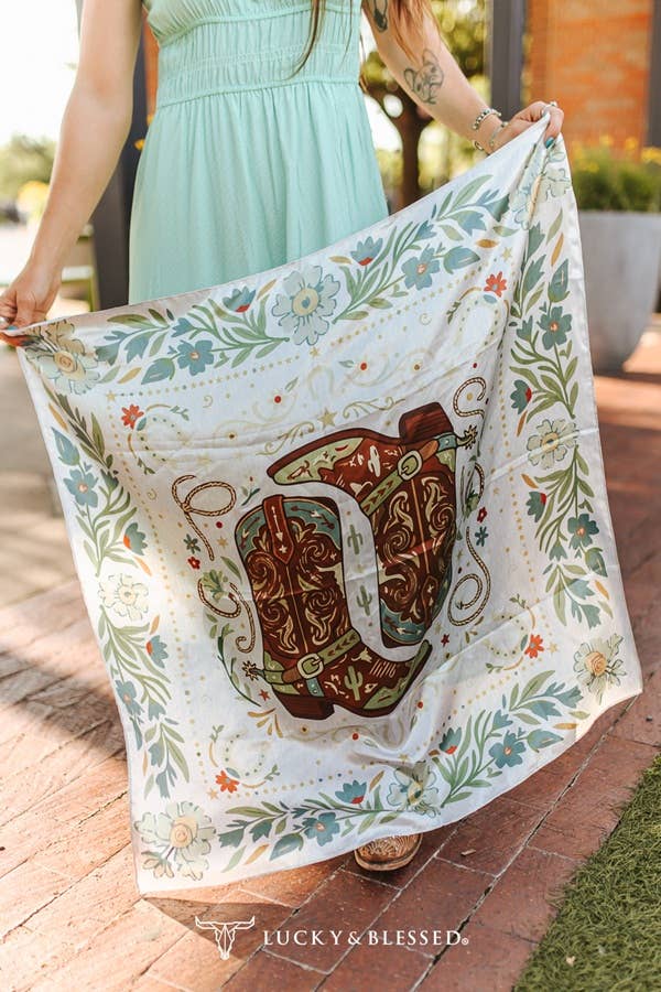 LUCKY & BLESSED Ivory Sage Cowgirl Boots Double Sided Printed Wild Rag