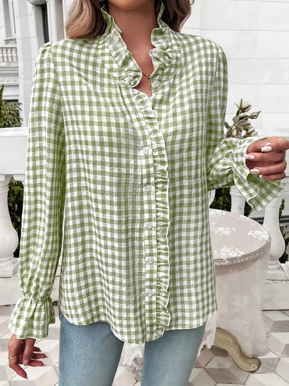 Ruffled Shirt Long-sleeve Plaid Blouse