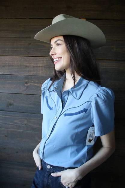 Denim Blue & Navy Pearl Snap Western Blouse