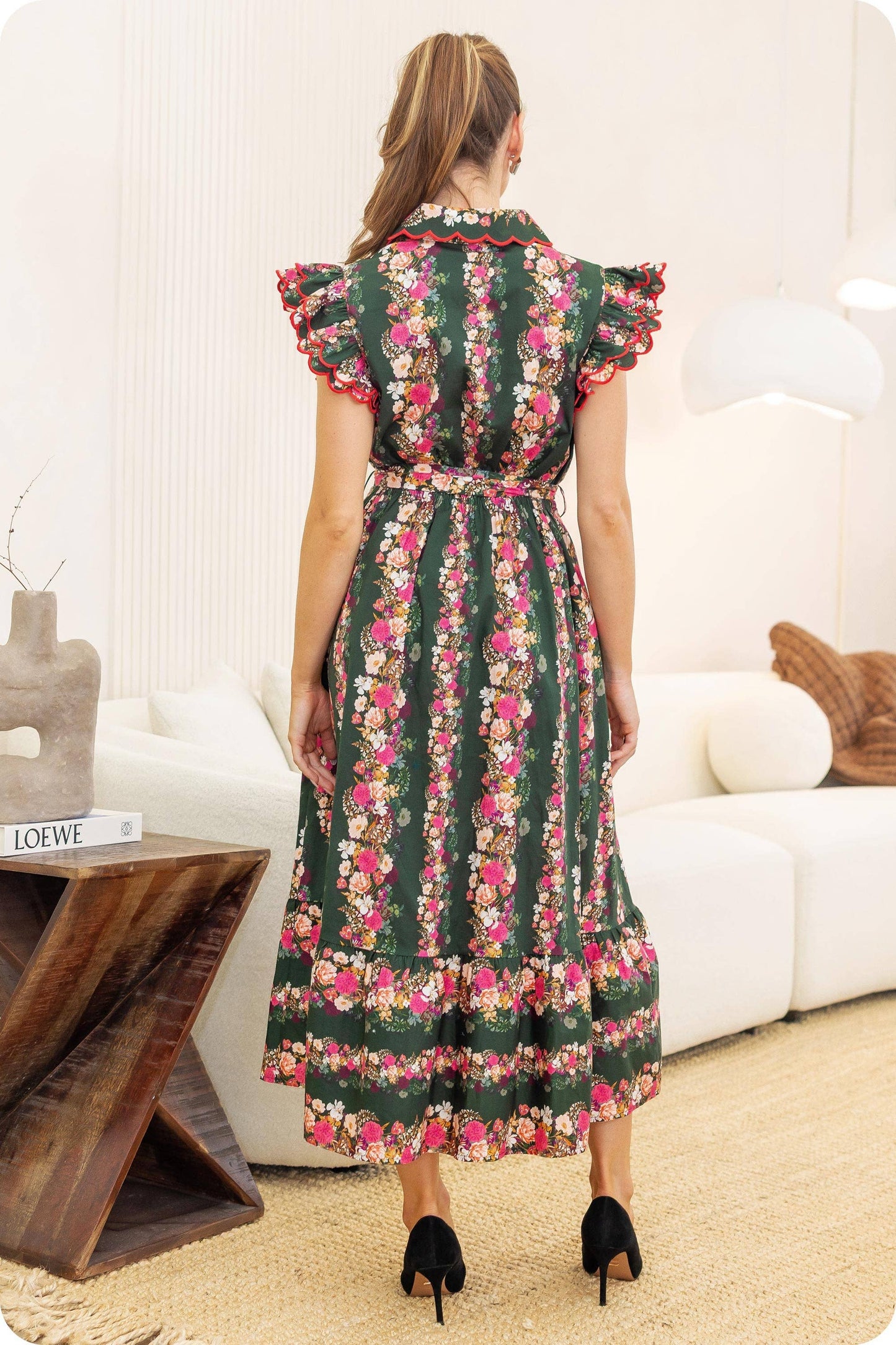 Ruffle Scallop Embroidery Floral Midi Dress