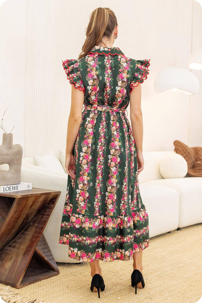 Ruffle Scallop Embroidery Floral Midi Dress