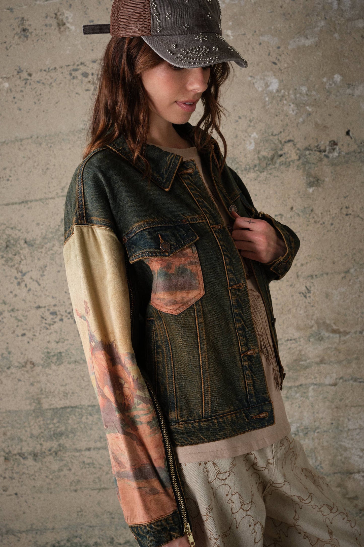 Blue B Western Print Mix Denim Jacket